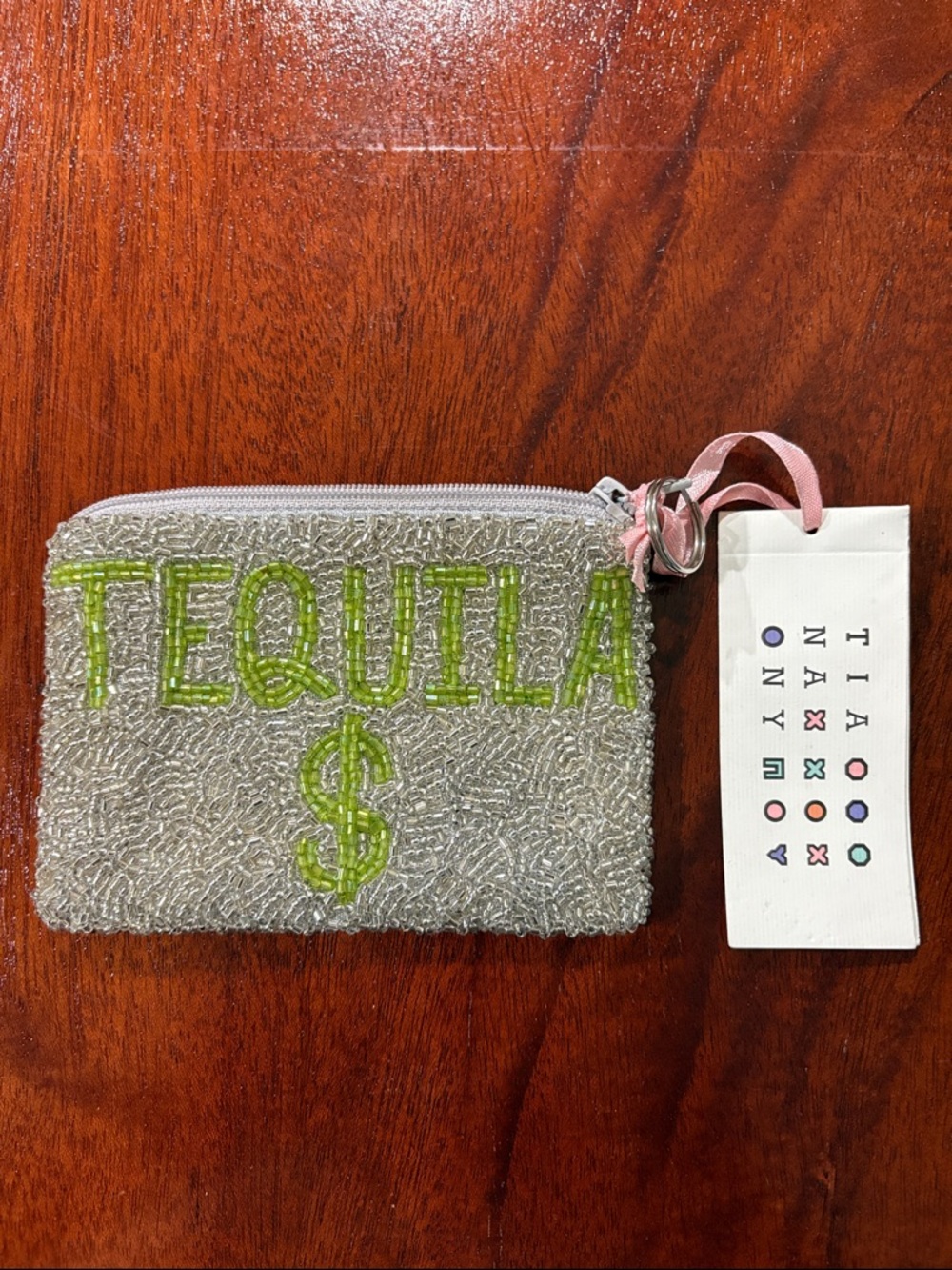 Beaded 'TEQUILA $' Coin Purse - Lime Green on Silver